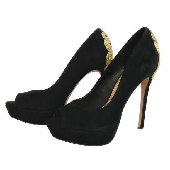 NWOT BRIAN ATWOOD DESIGNER B-RAJA BLACK GOLD EMBROIDERED SUEDE PEEP TOE HEELS - Picture 1 of 10